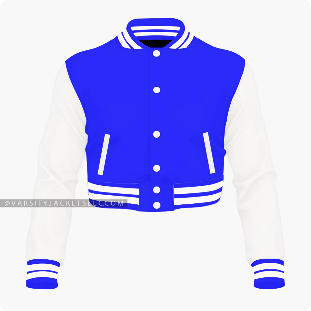 Blue And Off White Cropped Varsity Jacket For Women Front Blue And Off White Cropped Varsity Jacket For Women Front