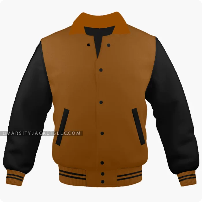 Brown And Black Varsity Jacket, Byron Collar Front