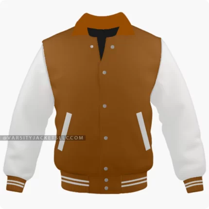 Brown And Off White Varsity Jacket, Byron Collar Front