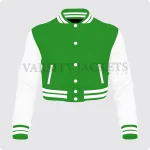 Green And White Cropped Varsity Jacket For Women.