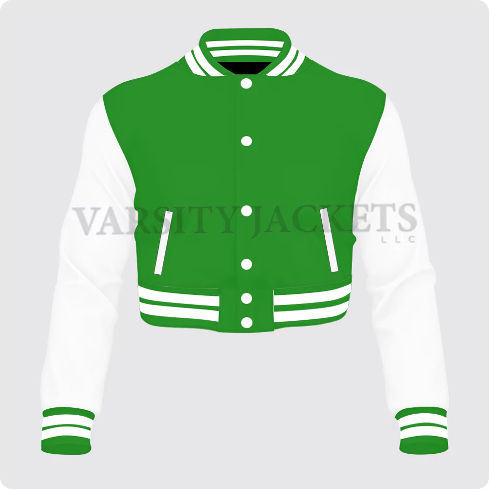 Green And White Cropped Varsity Jacket For Women.