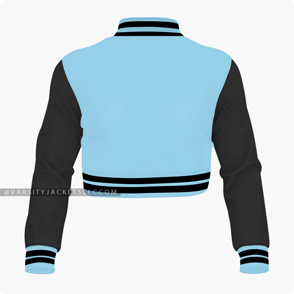Light Blue And Black Cropped Varsity Jacket For Women Back
