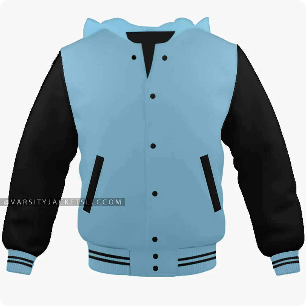 Light Blue And Black Varsity Jacket Hoodie Front