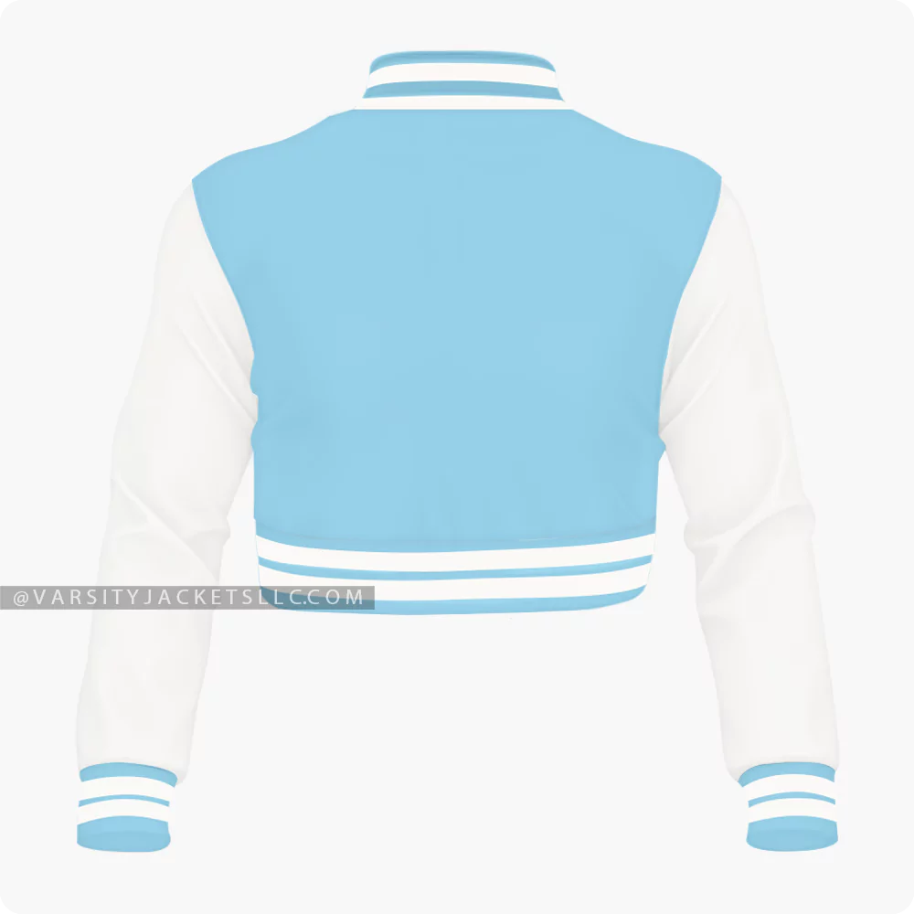 Light Blue And Off White Cropped Varsity Jacket For Women Back