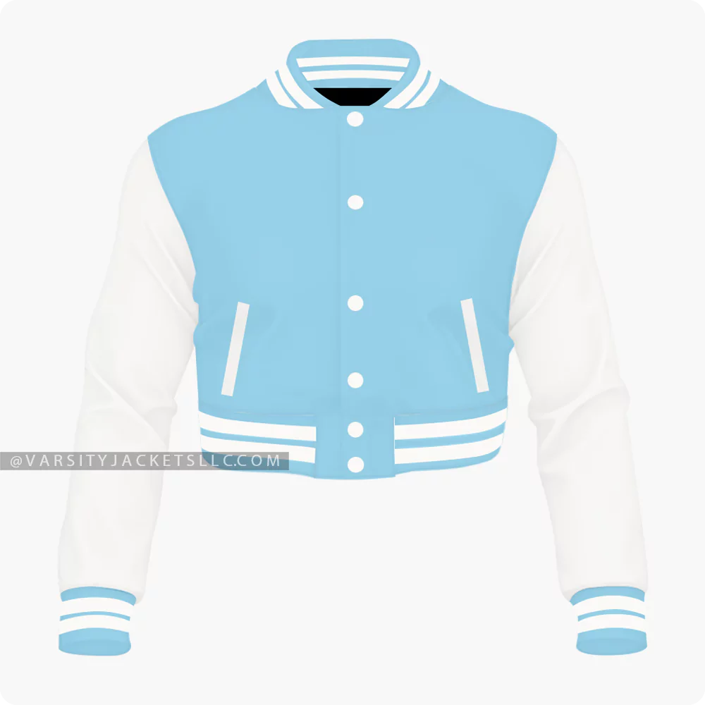 Light Blue And Off White Cropped Varsity Jacket For Women Front