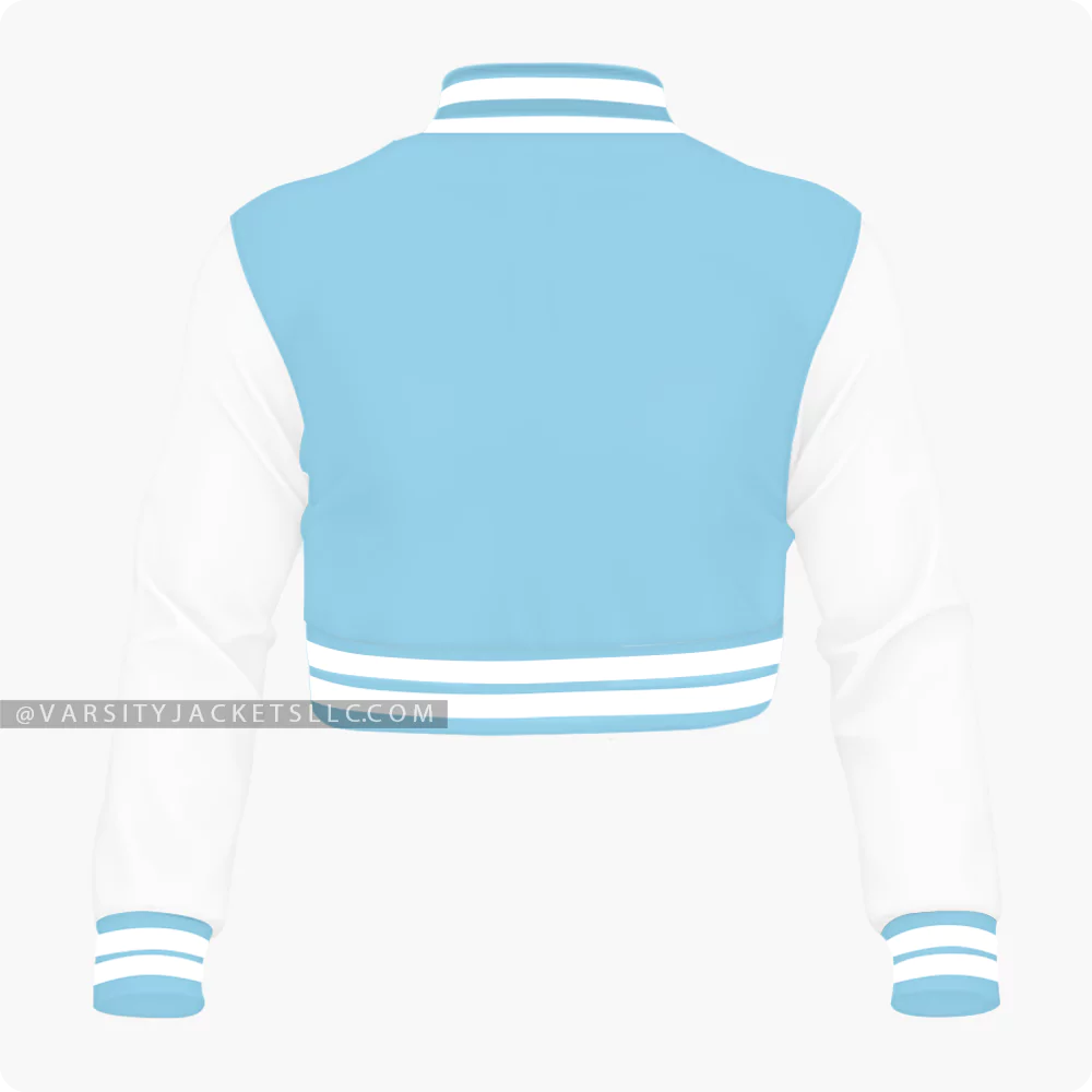 Light Blue And White Cropped Varsity Jacket For Women Back