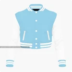 Light Blue And White Cropped Varsity Jacket For Women Front