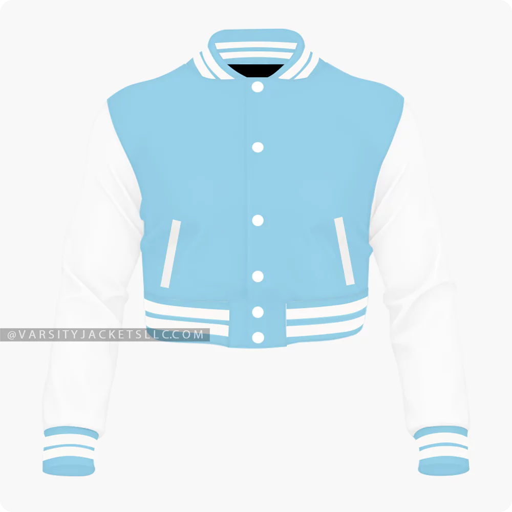 Light Blue And White Cropped Varsity Jacket For Women Front