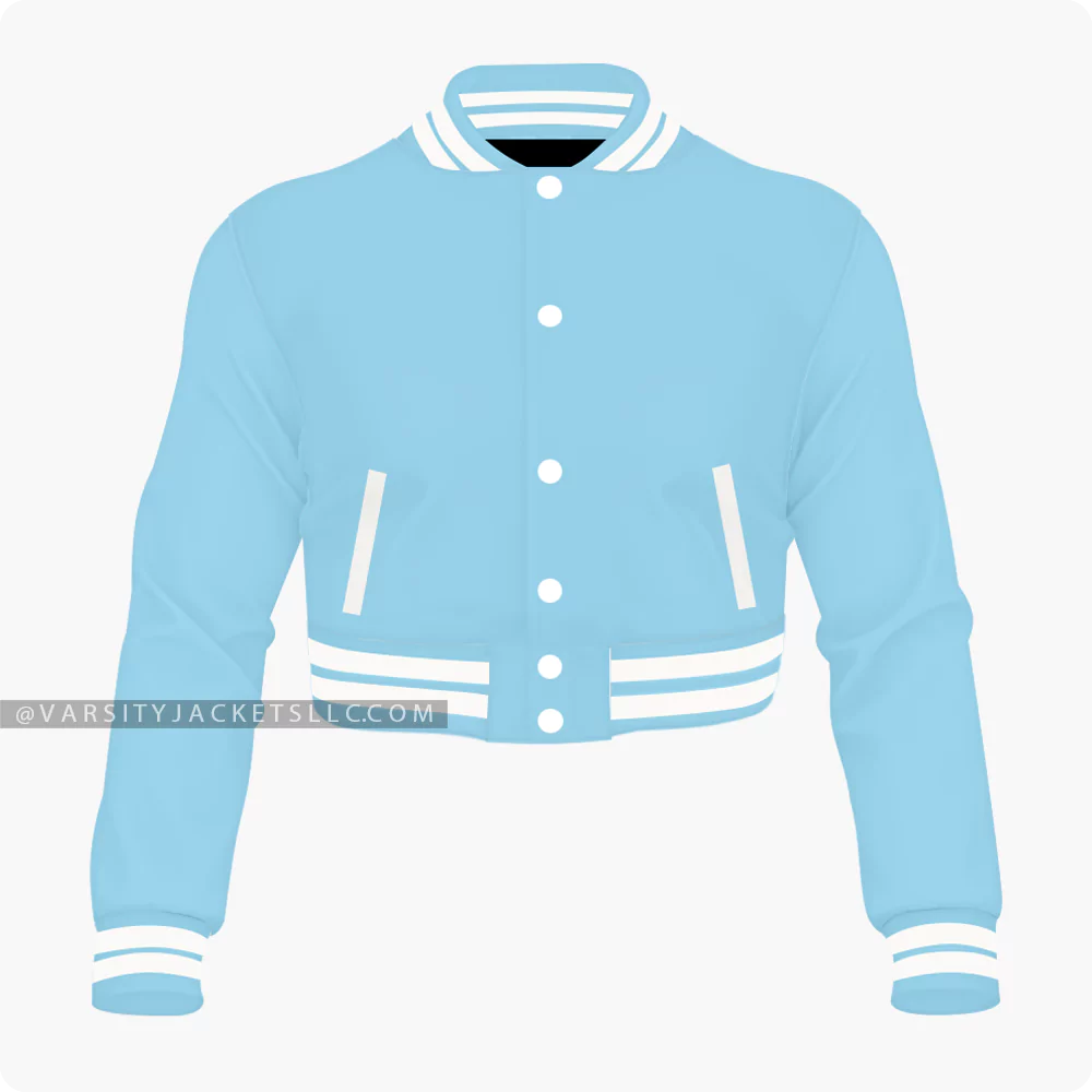 Light Blue Cropped Varsity Jacket For Women Front