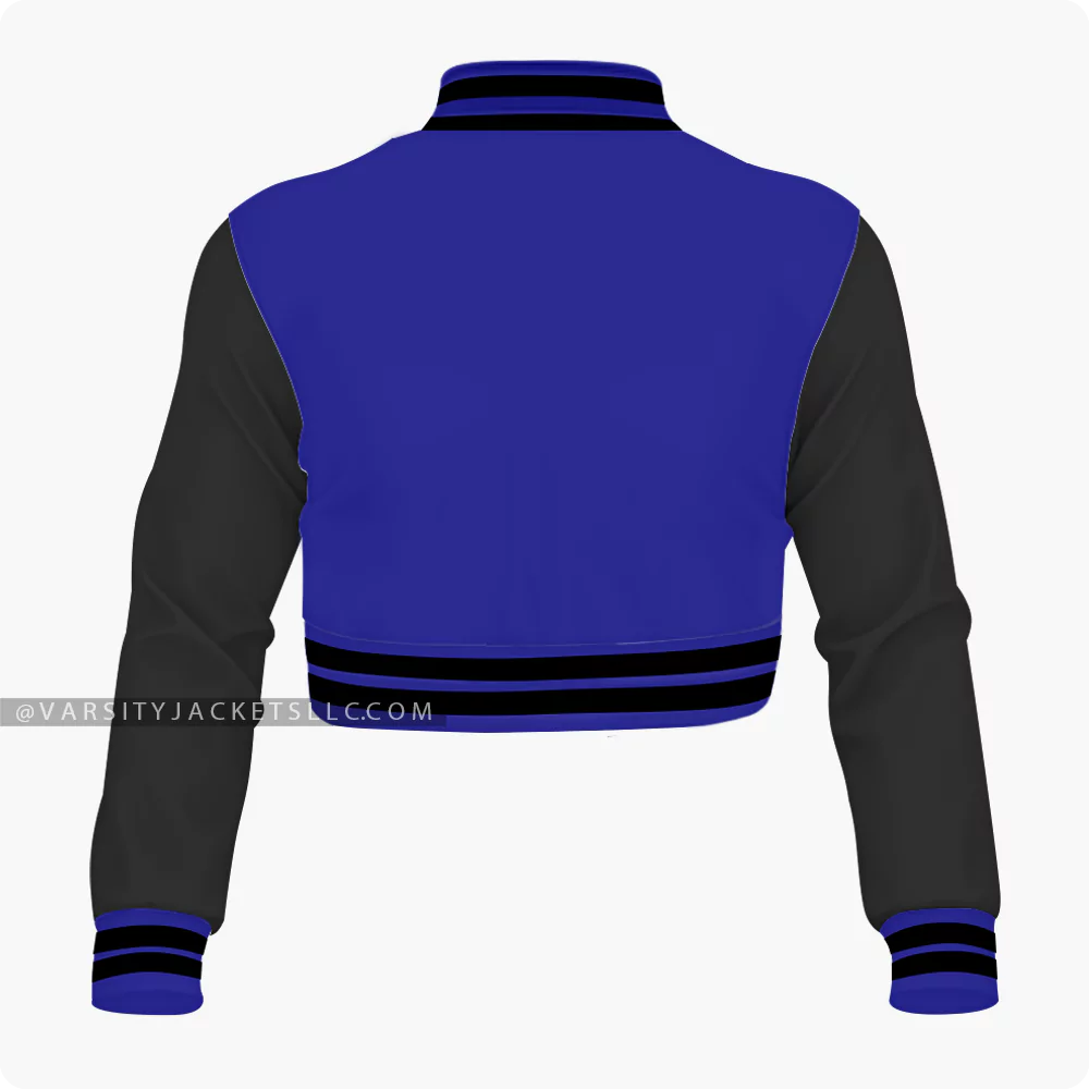 Navy Blue And Black Cropped Varsity Jacket For Women Back