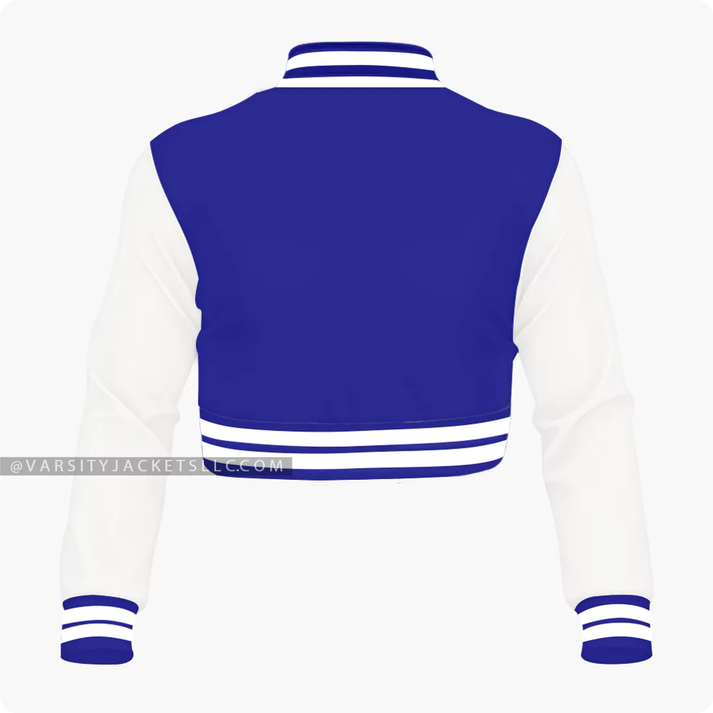 Navy Blue And Off White Cropped Varsity Jacket For Women Back
