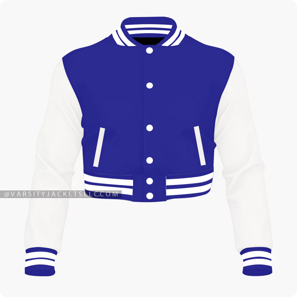 Navy Blue And Off White Cropped Varsity Jacket For Women Front