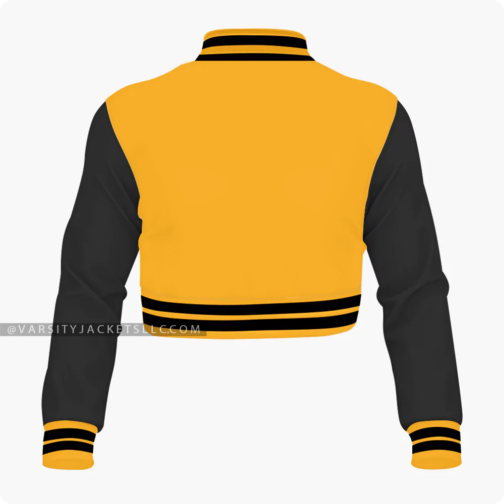 Orange And Black Cropped Varsity Jacket For Women Back