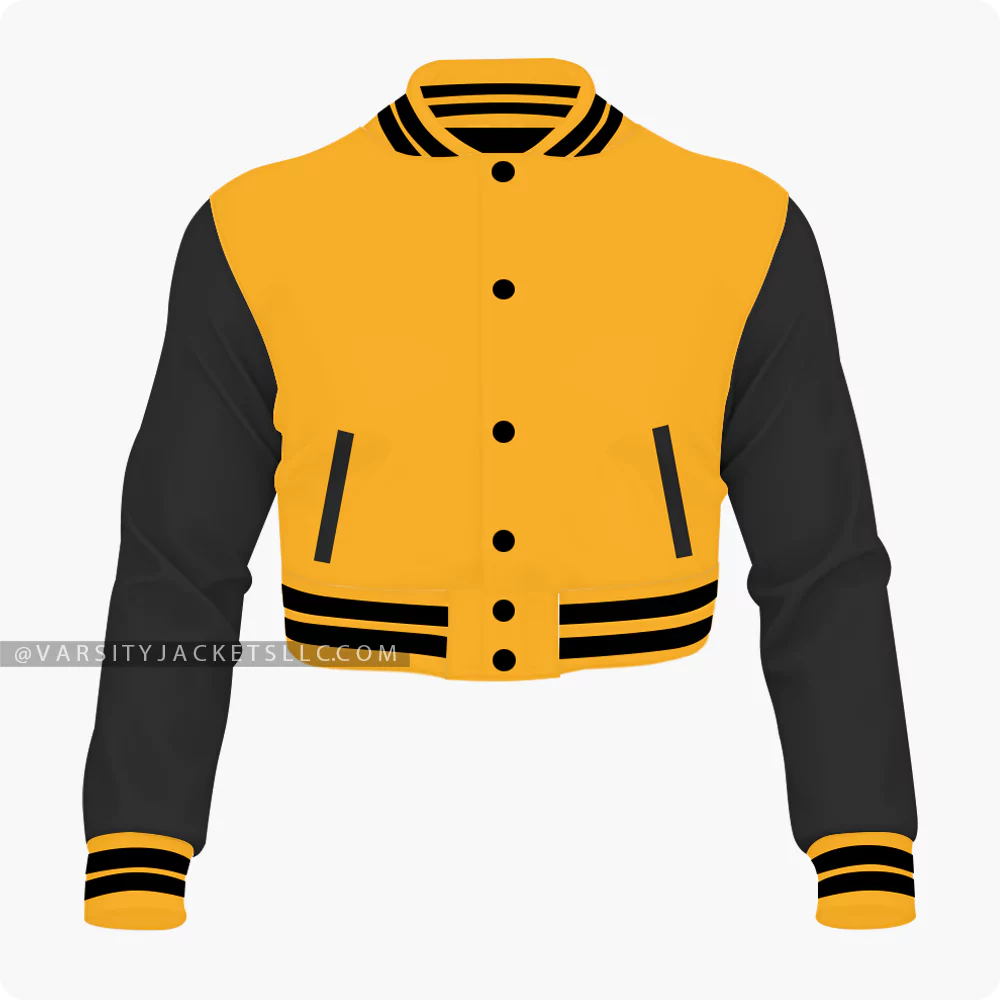 Orange And Black Cropped Varsity Jacket For Women Front