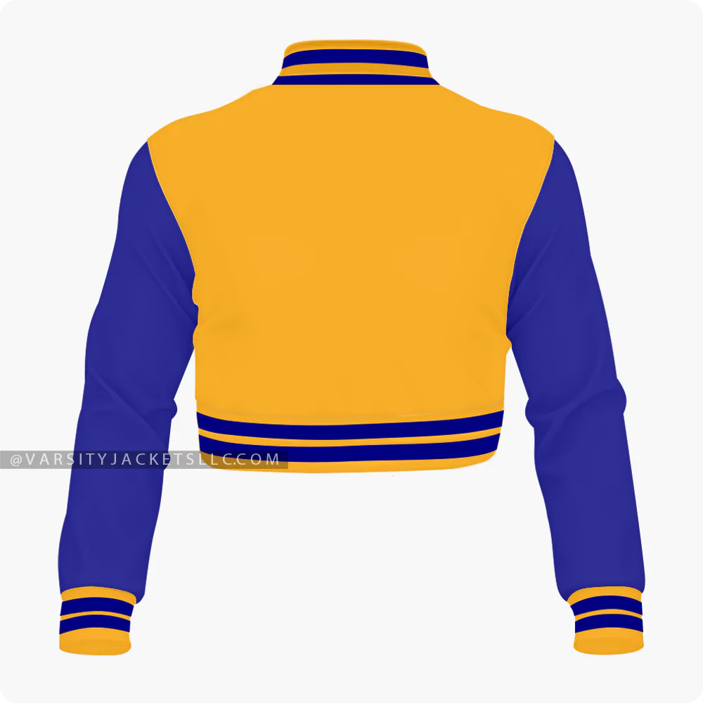 Orange And Navy Blue Cropped Varsity Jacket For Women Back