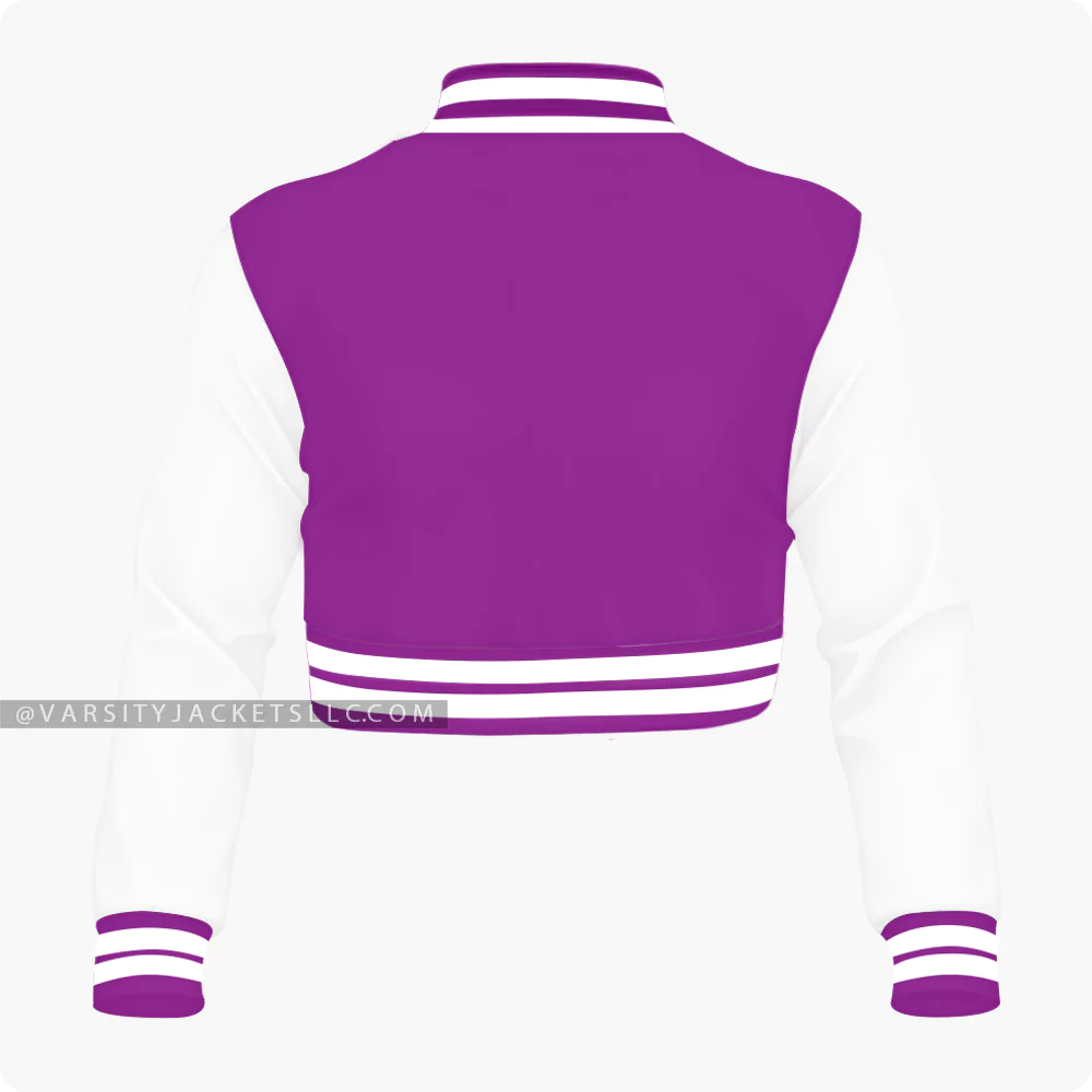 Purple And White Cropped Varsity Jacket For Women Back