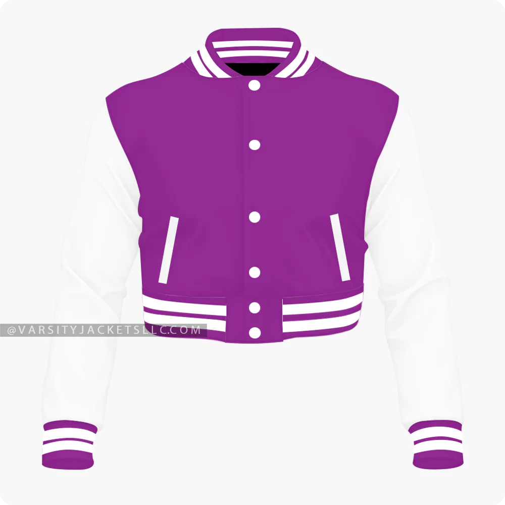 Purple And White Cropped Varsity Jacket For Women Front