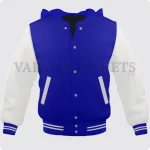 Royal Blue And Off White Varsity Jacket Hoodie For Men And Women Front.
