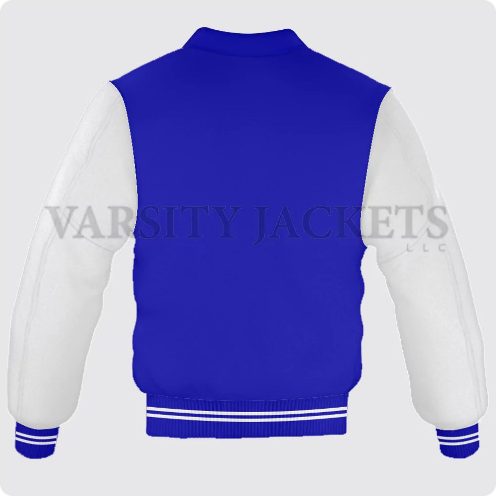Royal Blue And White Varsity Jacket, Byron Collar For Men And Women Back