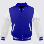 Royal Blue And White Varsity Jacket, Byron Collar For Men And Women Front.