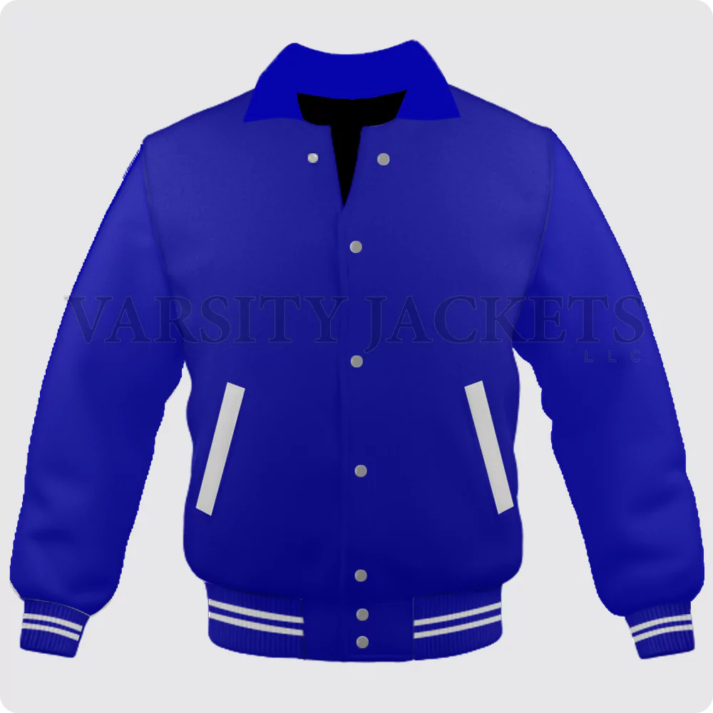 Royal Blue Varsity Jacket, Byron Collar For Men And Women Front.