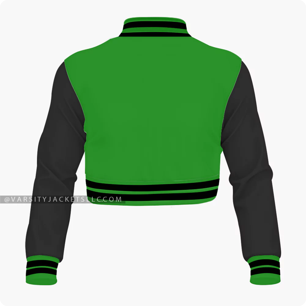 Women Green And Black Cropped Varsity Jacket Back