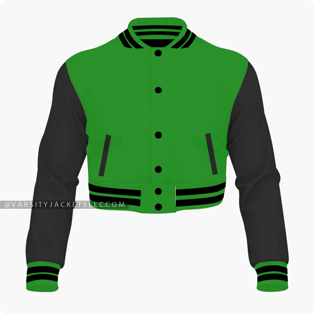 Women Green And Black Cropped Varsity Jacket Front.