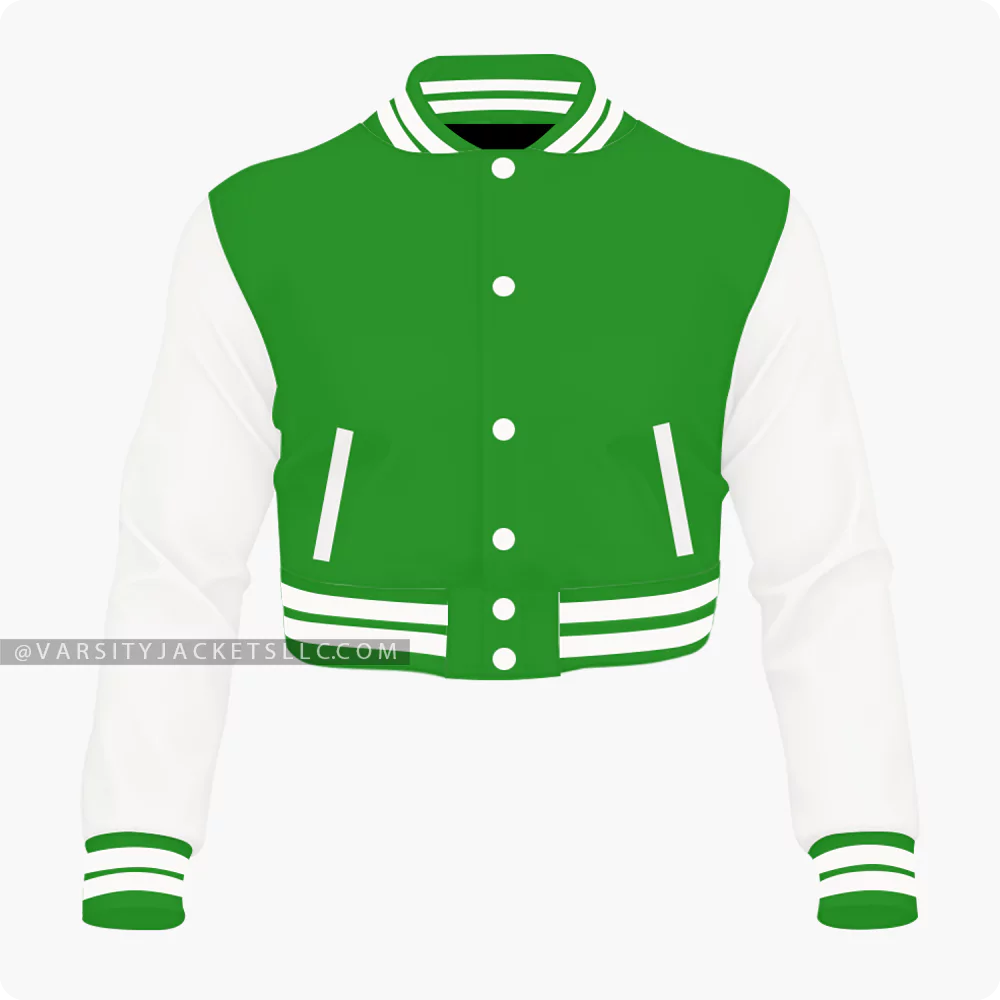 Women Green And Off White Cropped Varsity Jacket Front.