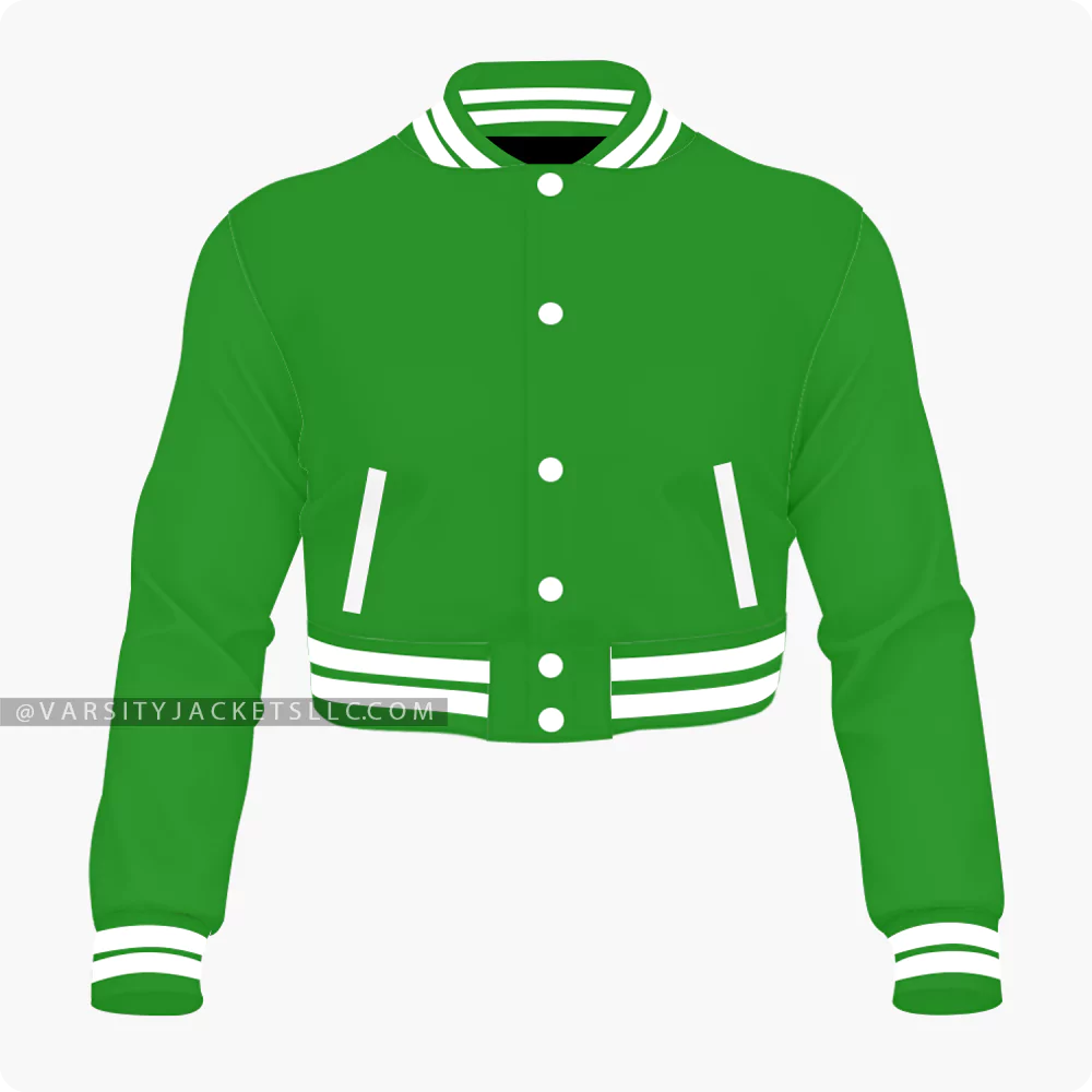 Women Green Cropped Varsity Jacket Front
