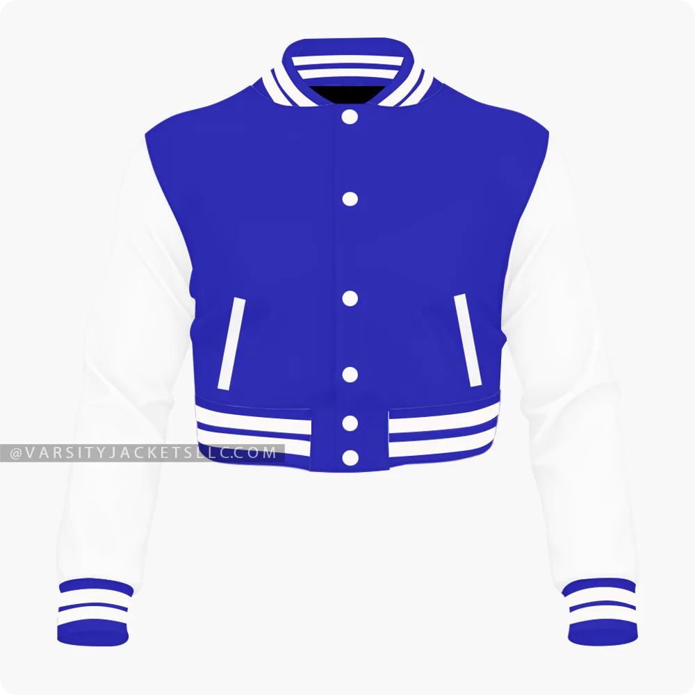 Women Royal Blue And Off White Varsity Jacket Front View