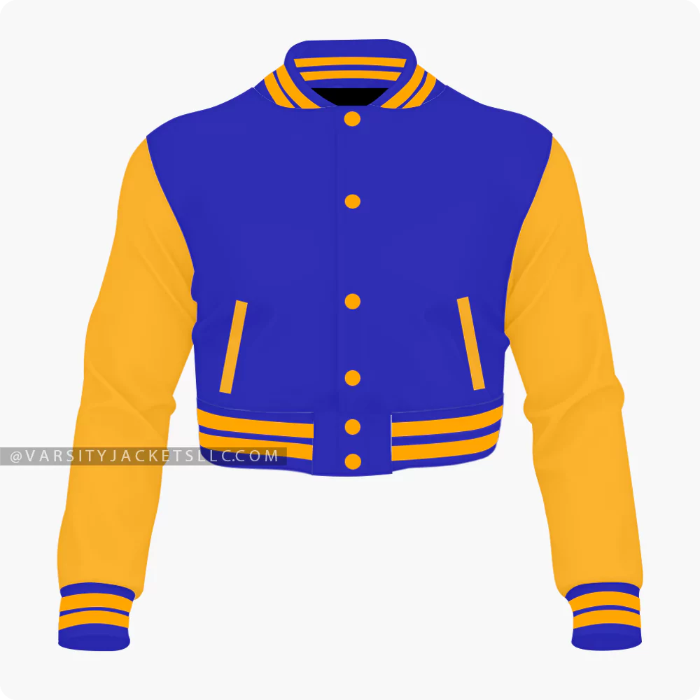 Women Royal Blue And Orange Varsity Jacket Front.