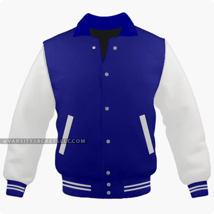 Navy Blue And Off White Varsity Jacket, Byron Collar Front