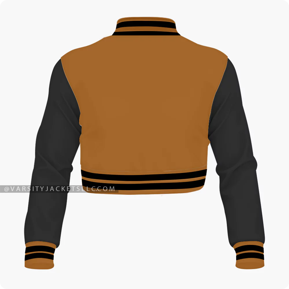 Brown And Black Cropped Varsity Jacket For Women Back