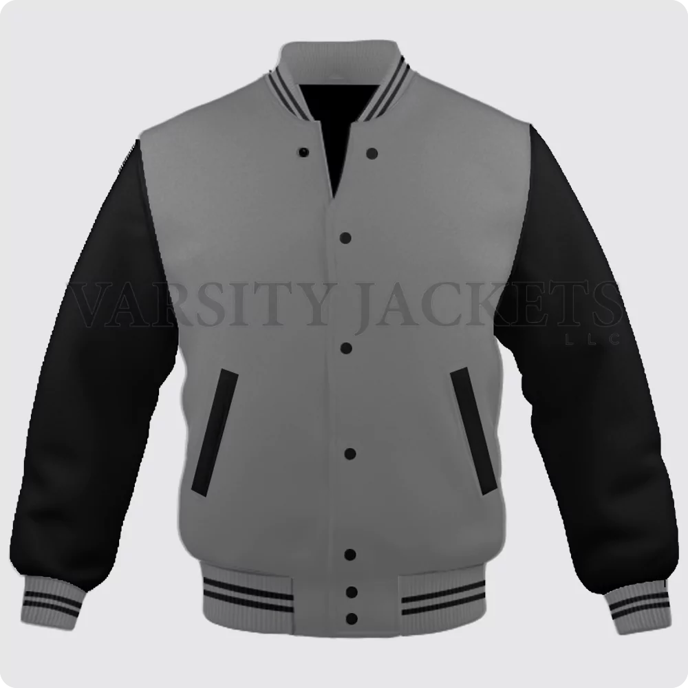 Grey And Black Varsity Jacket For Men And Women Front vv