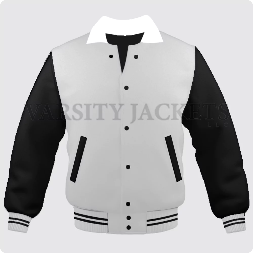 White And Black Varsity Jacket, Byron Collar For Men And Women Front