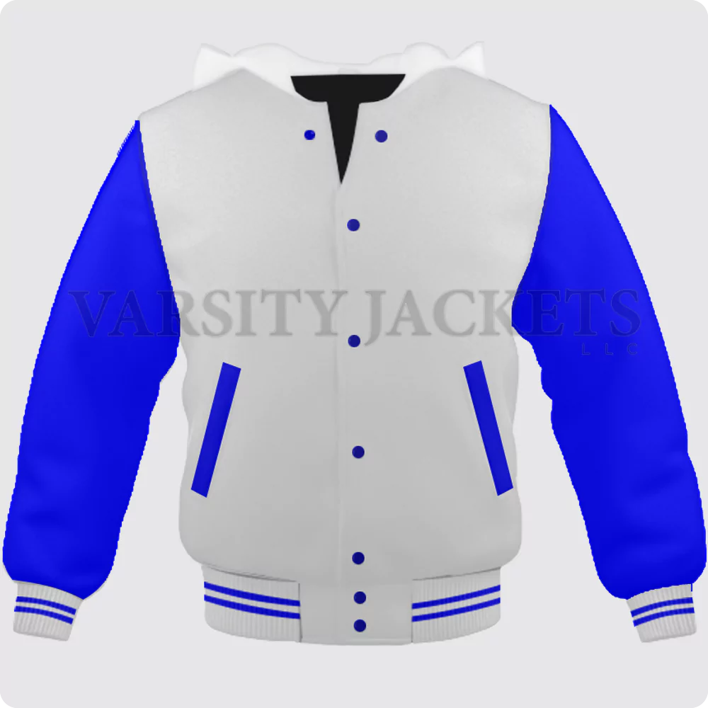 White And Blue Hoodie Varsity Jacket For Men And Women Front