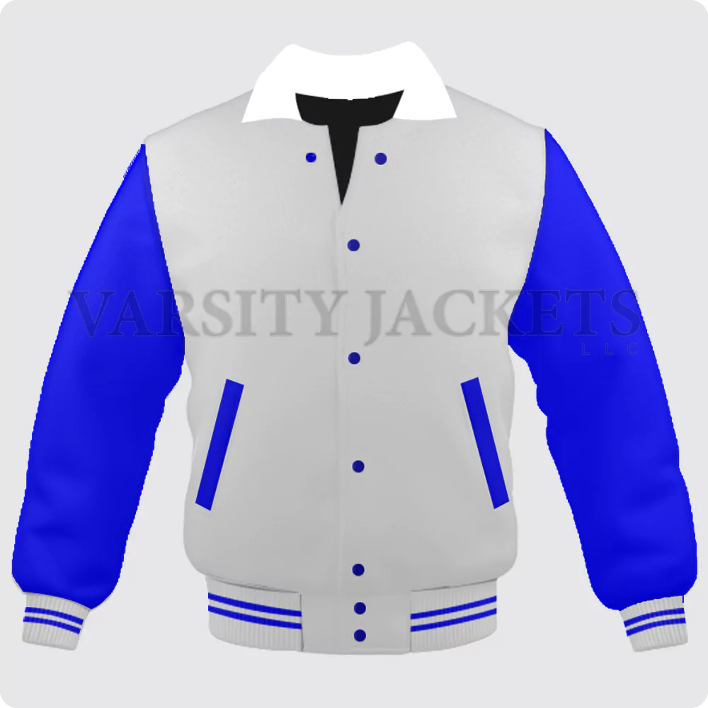 White And Blue Varsity Jacket, Byron Collar For Men And Women Front