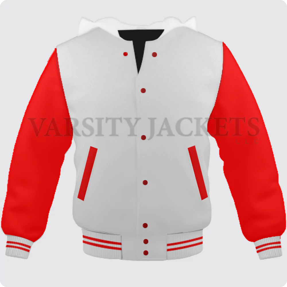 White And Red Hoodie Varsity Jacket For Men And Women Front