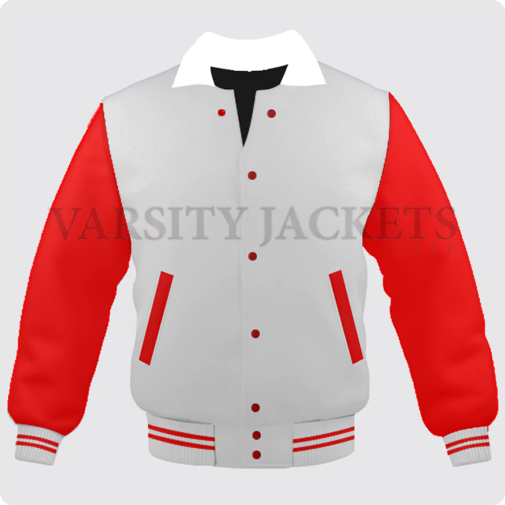 White And Red Varsity Jacket, Byron Collar For Men And Women Front
