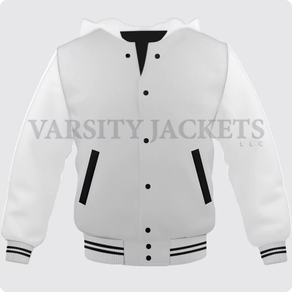 White Hoodie Varsity Jacket For Men And Women Front