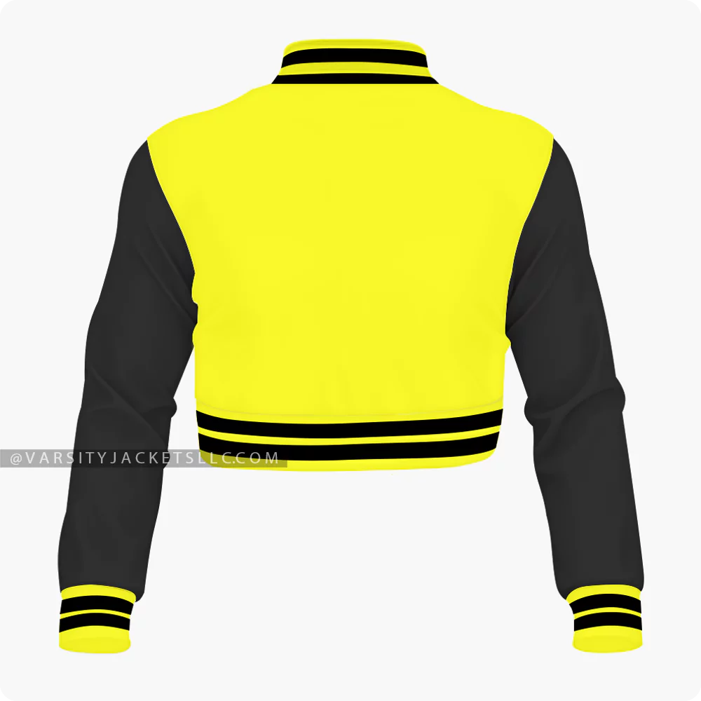Yellow And Black Cropped Varsity Jacket For Women Back