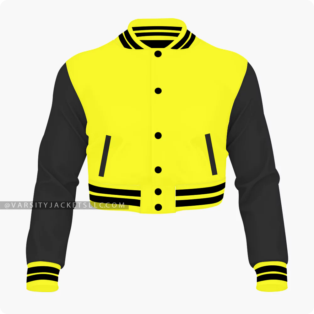 Yellow And Black Cropped Varsity Jacket For Women Front