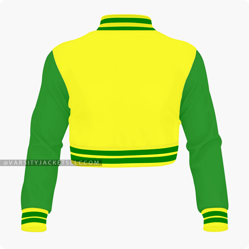 Yellow And Green Cropped Varsity Jacket For Women Back