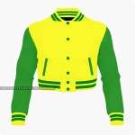 Yellow And Green Cropped Varsity Jacket For Women Front