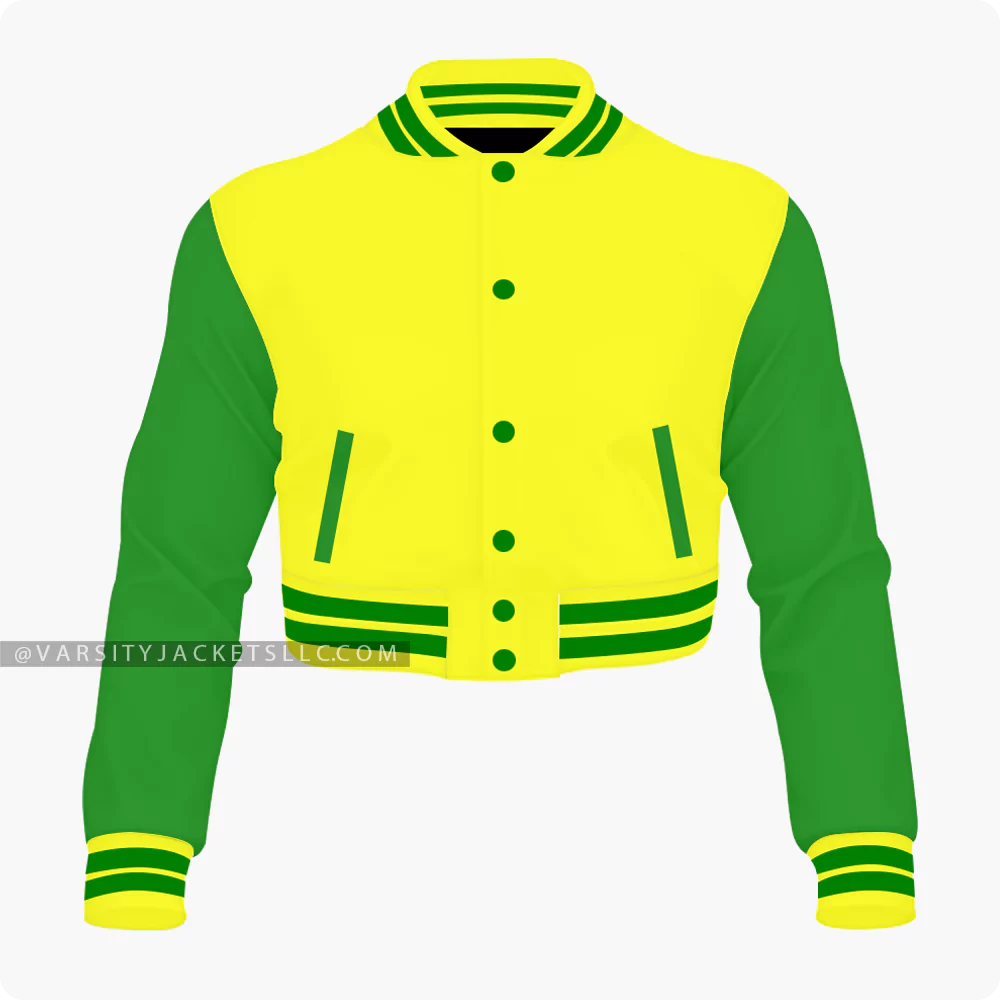 Yellow And Green Cropped Varsity Jacket For Women Front