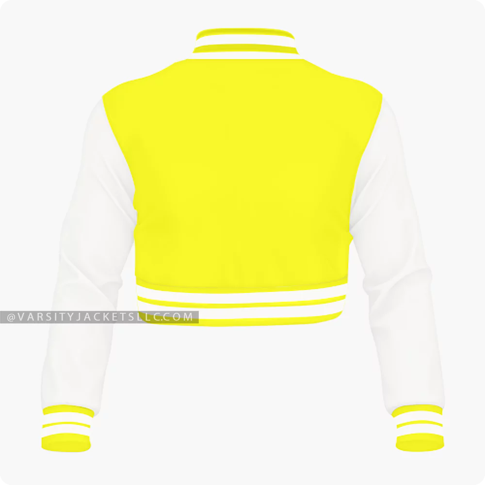 Yellow And Off White Cropped Varsity Jacket For Women Back