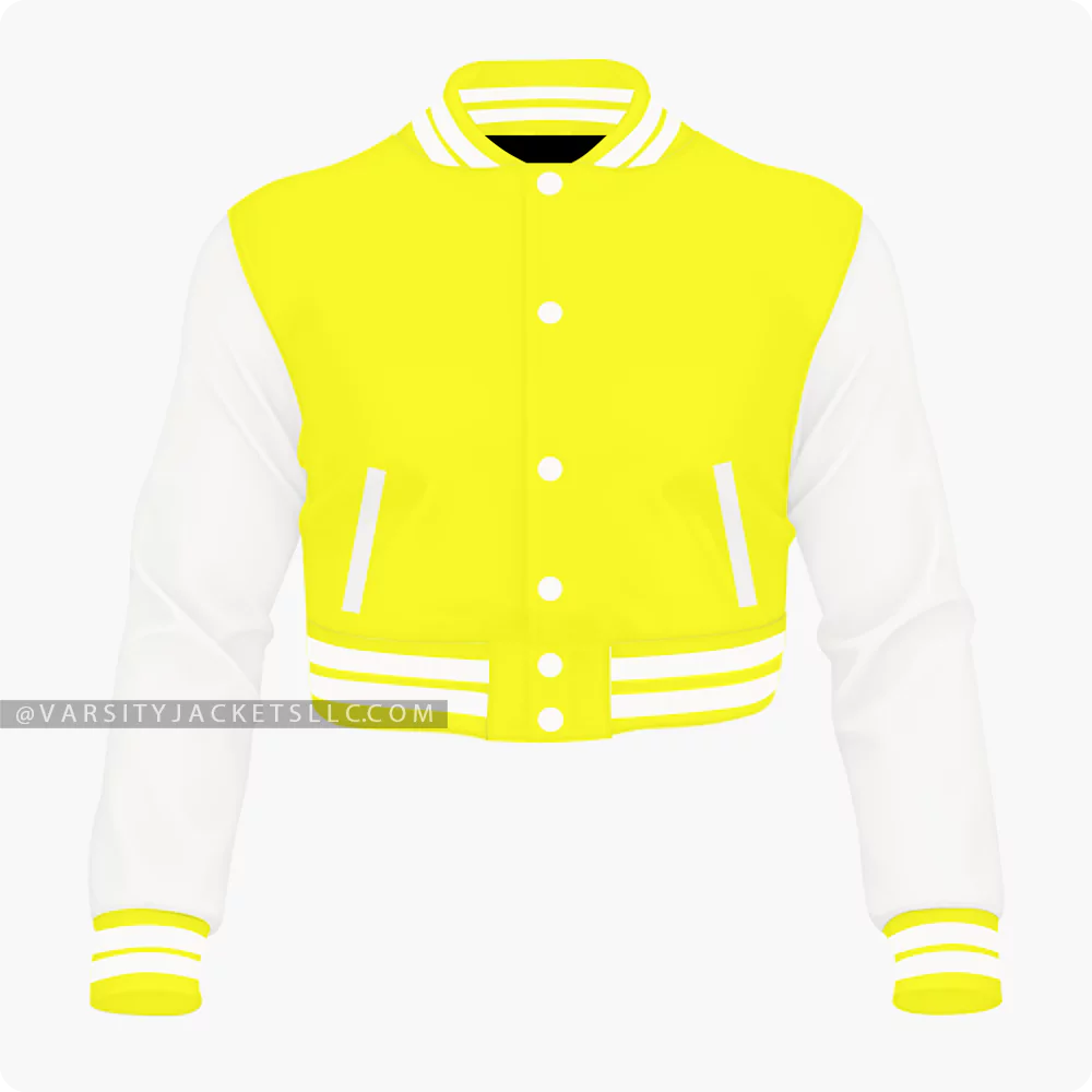 Yellow And Off White Cropped Varsity Jacket For Women Front