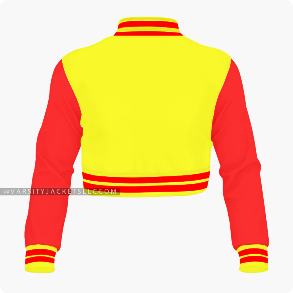 Yellow And Red Cropped Varsity Jacket For Women Back