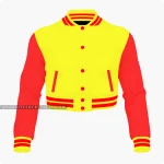 Yellow And Red Cropped Varsity Jacket For Women Front