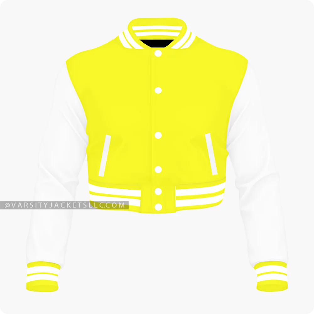 Yellow And White Cropped Varsity Jacket For Women Front